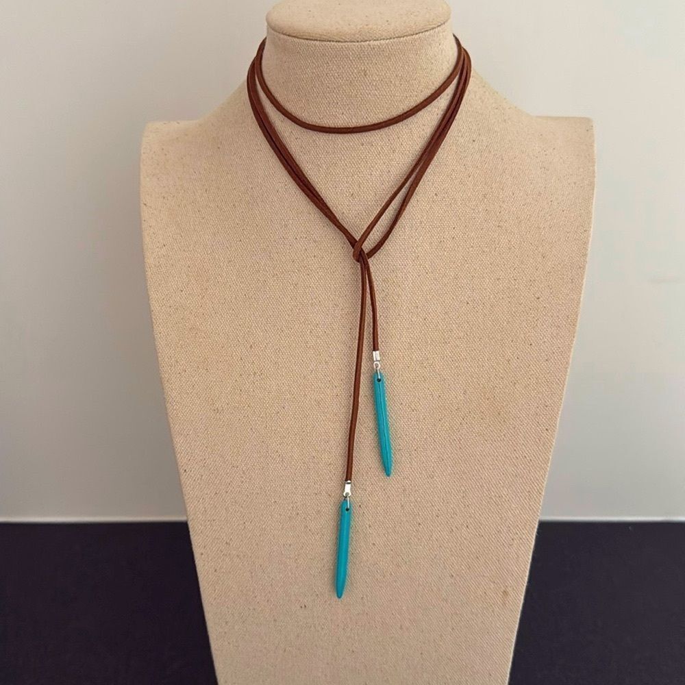 Western Bolo Necklace – Brown Faux Suede Cord with Turquoise Accents